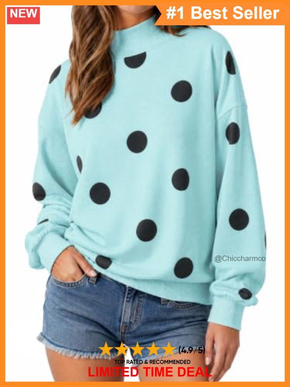 Polka Dot Mock Neck Long Sleeve Pullover Sweatshirt Loose Fit Y2K Casual Top